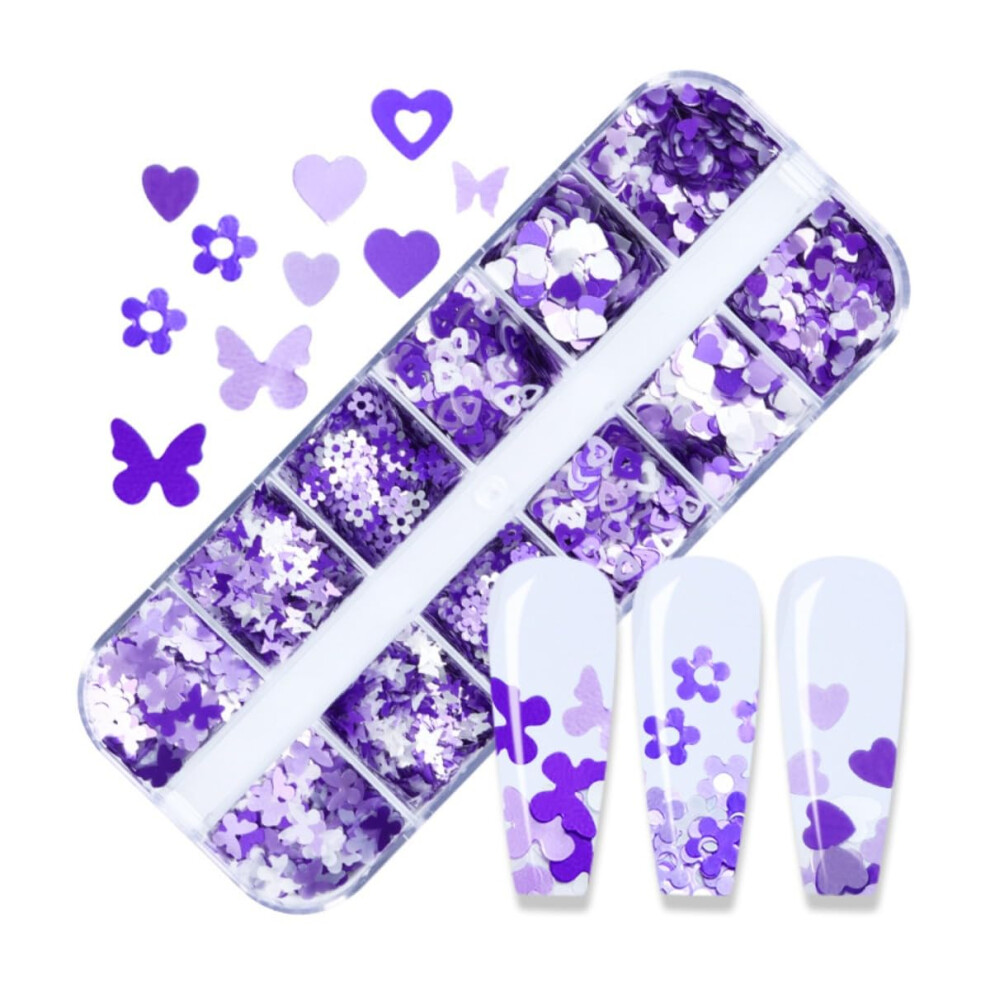 Purple Butterfly and Plum Blossom Nail Art Glitter Sequins 12Grid Box Decorations Mixed Shades