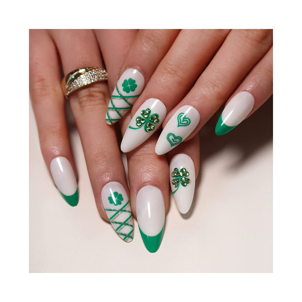 Green St Patricks Day Press On Nails Shamrock Almond With Rhinestones Reusable Fake Nails 24Pcs