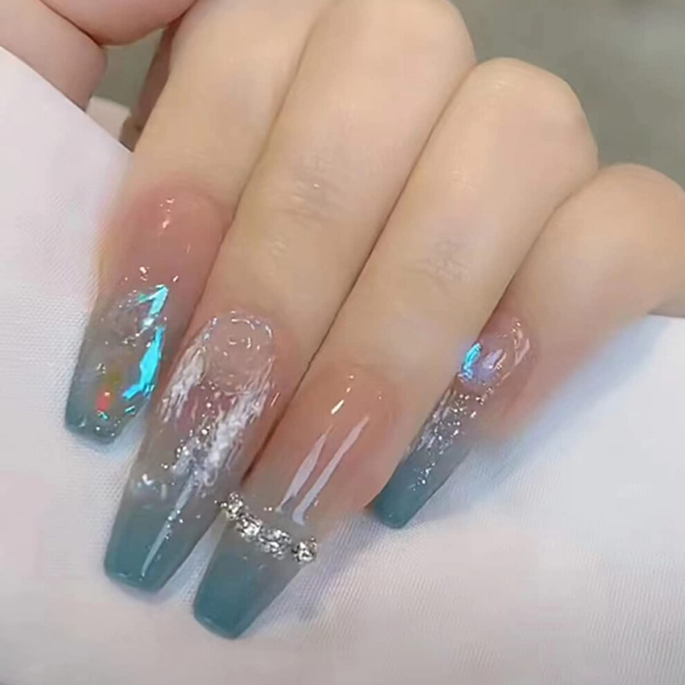 Blue Gradient Long Coffin Press On Nails With Glue, 3D Camellia Acrylic Fake Nails For Women
