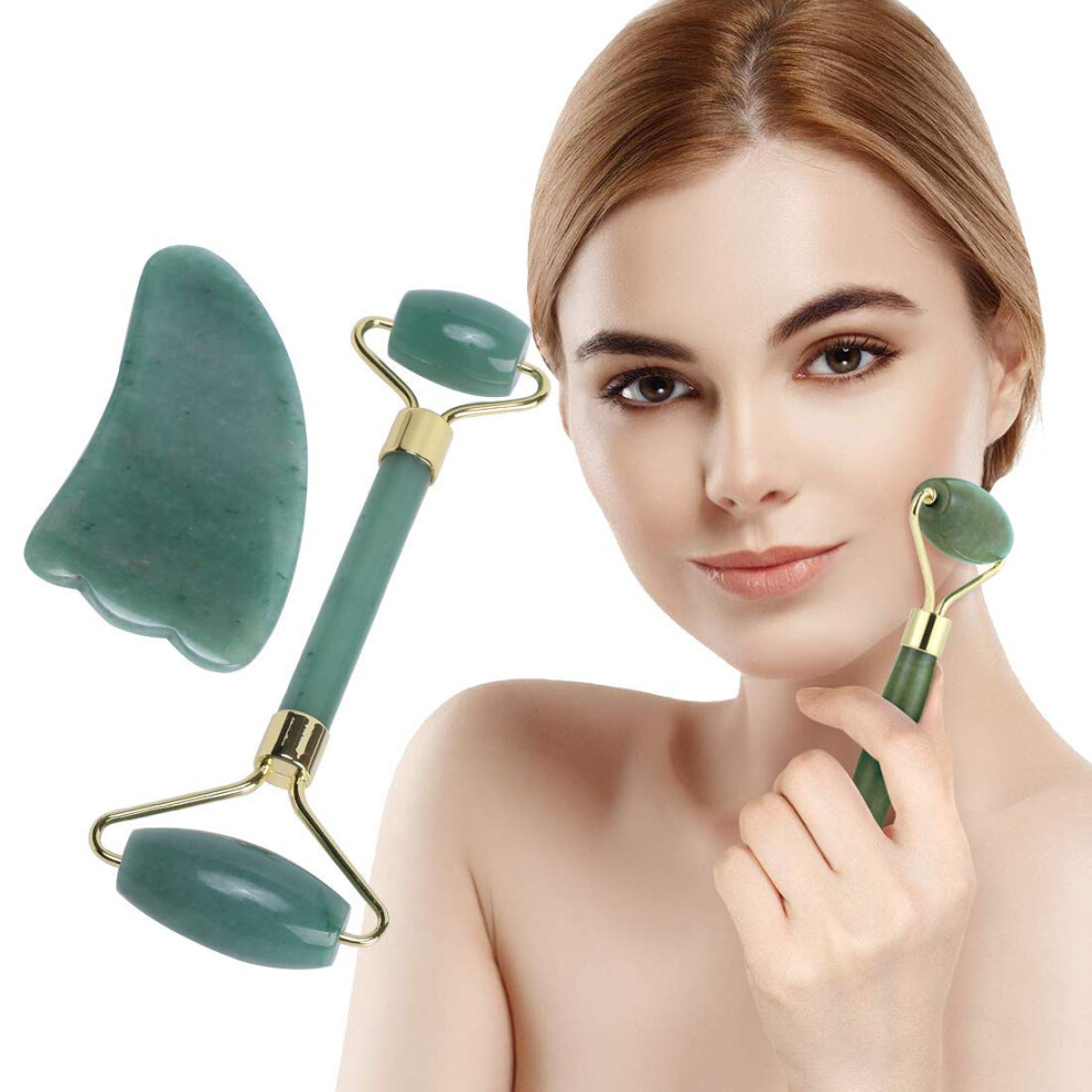 Green Jade Roller And Gua Sha Set With Dualended Roller And Contoured Board For Natural Facial Massage (Green)
