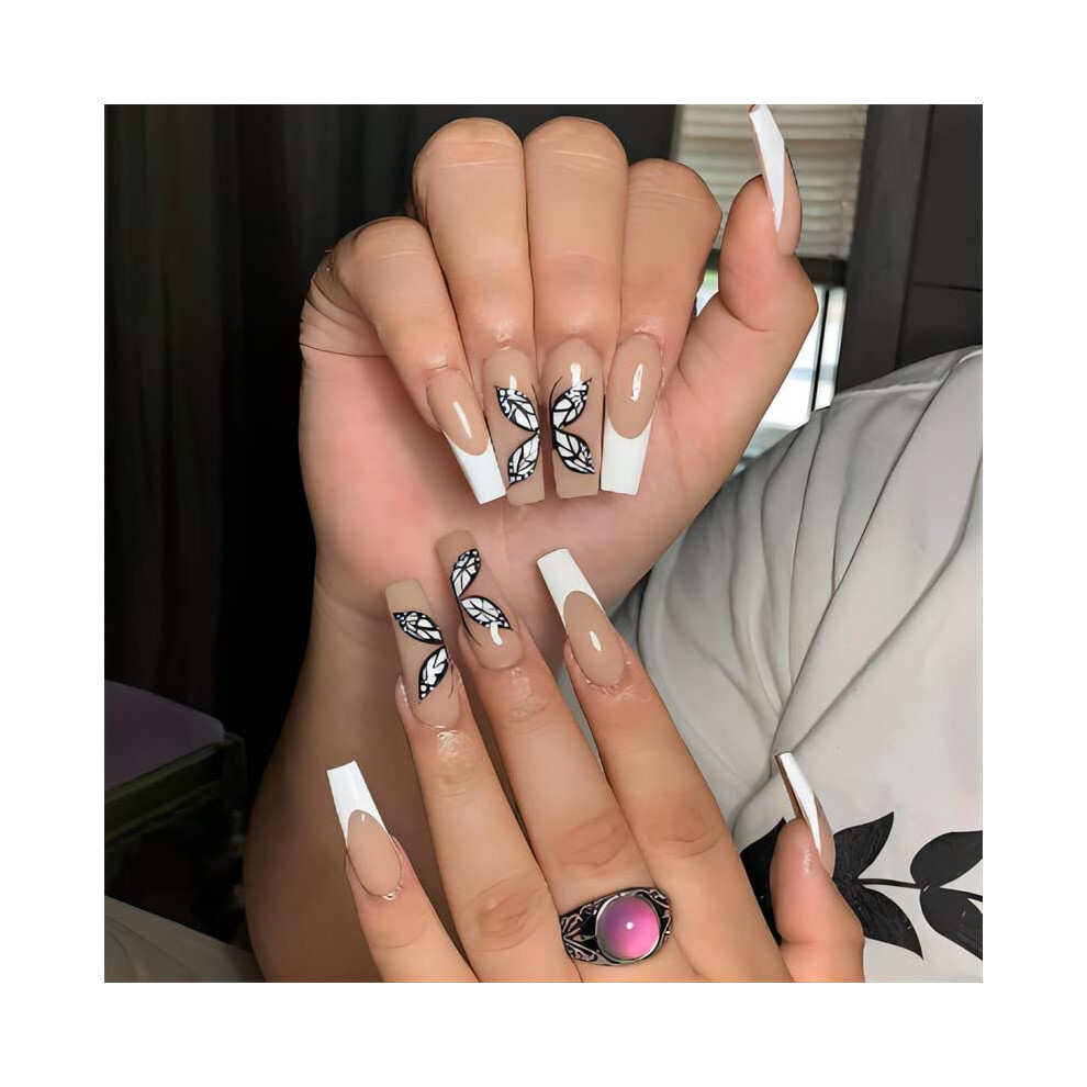 Long Fake Nails Nude Press on with Butterfly Design, 24pcs Reusable Full Cover Nail Kit for Women