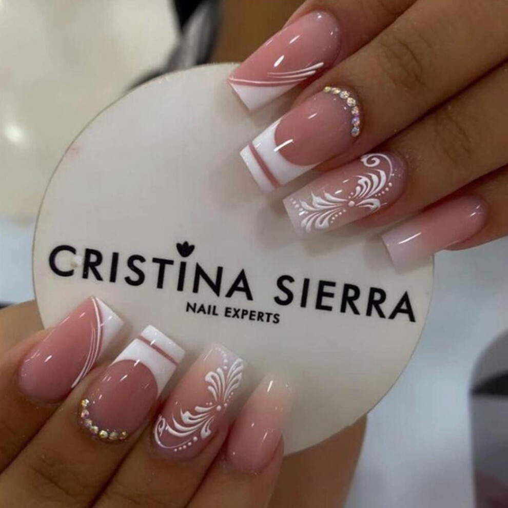 White Medium Coffin Press On Nails French Gradient Acrylic With Rhinestones Reusable 24Pcs