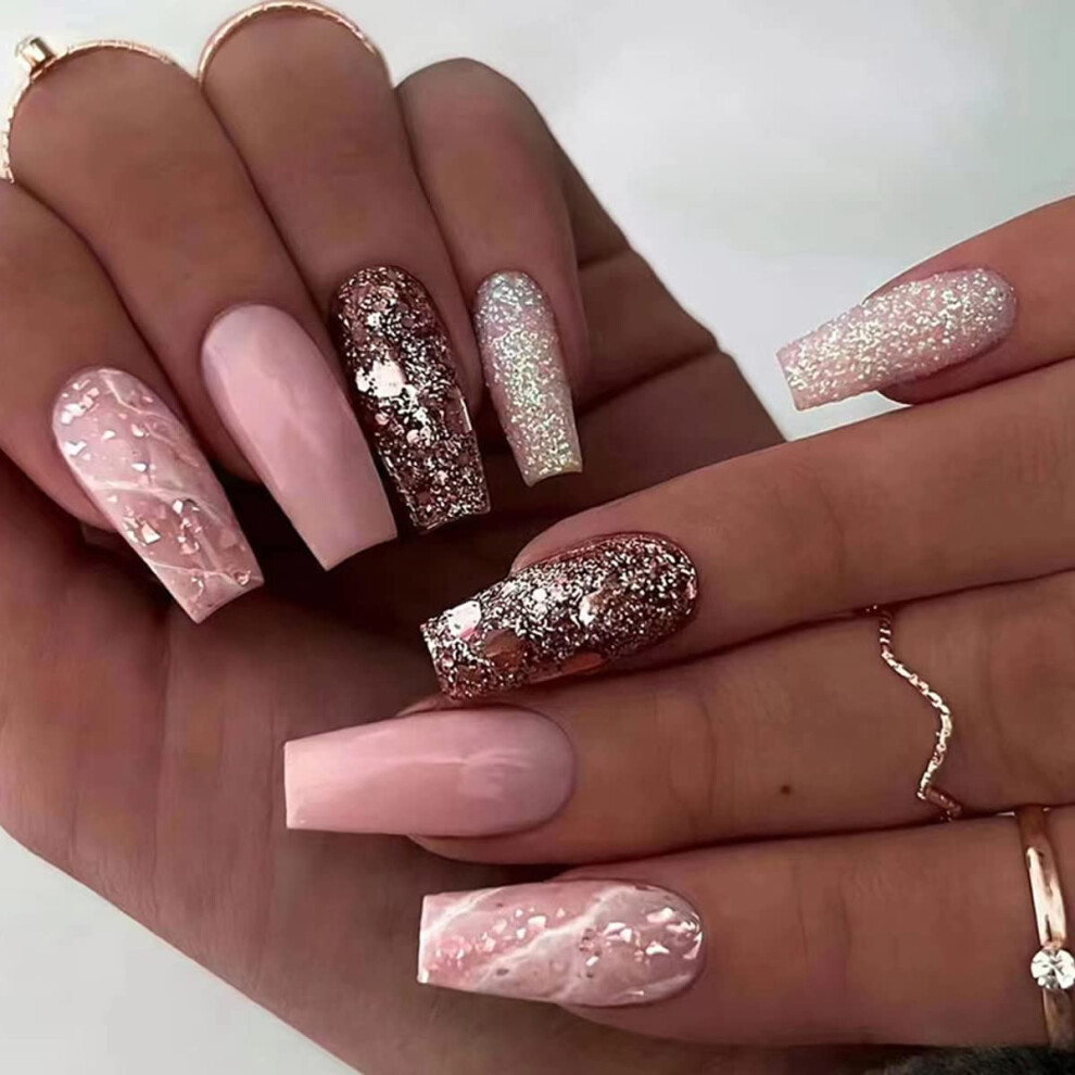 Pink,Cream 24Pcs Long Almond Press On Nails Nude Pink With Glue Reusable Acrylic Coffin False Nails Set