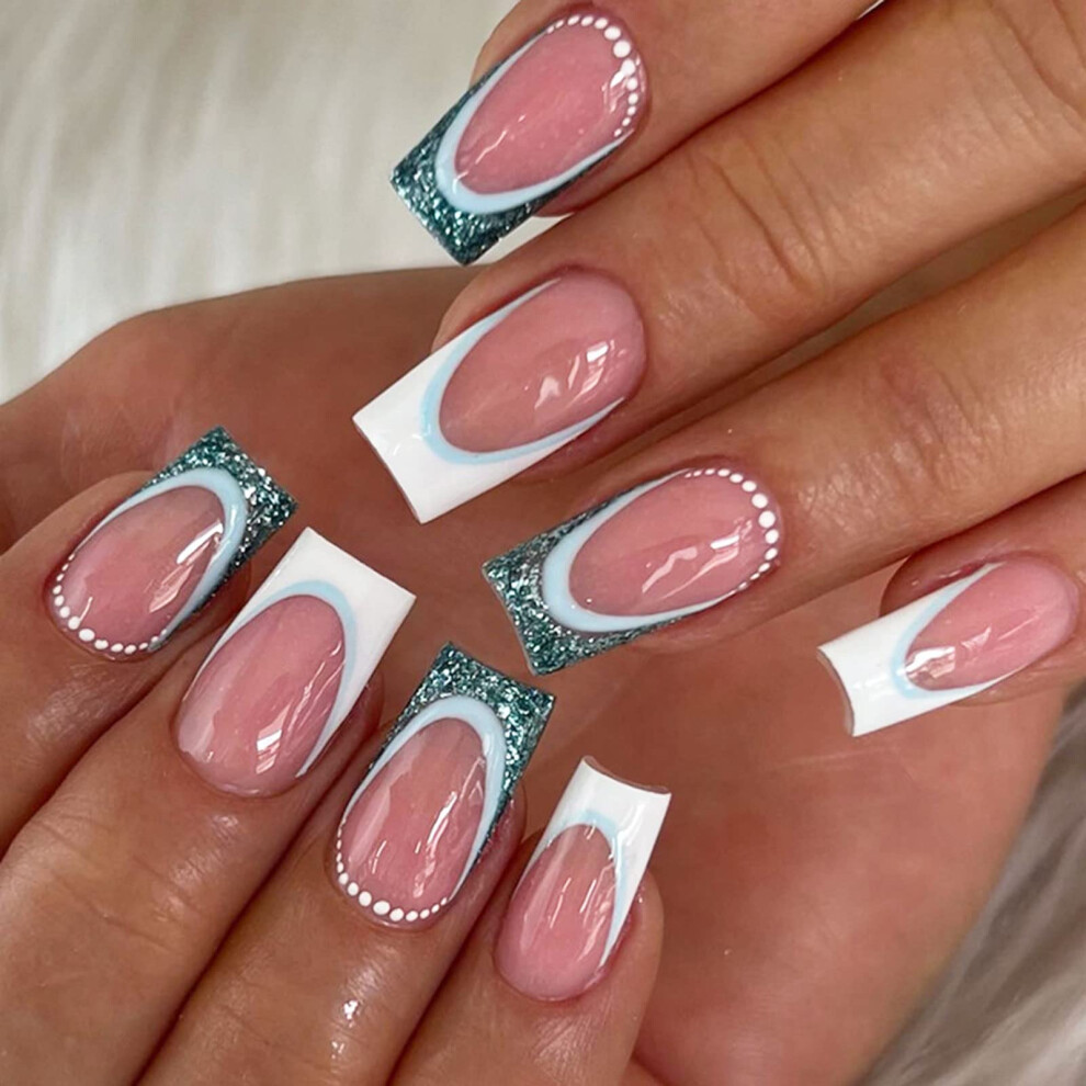 French Press On Nails Medium Square Fake Nails with Emerald Glitter, 24 Pcs Salon Quality Kit