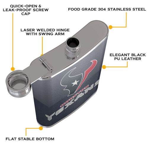 Texans Flagon Hip Flask8oz, Ανοξείδωτο ατσάλι και δέρμα κατάλληλο για τρόφιμα, Συμβατό με 2