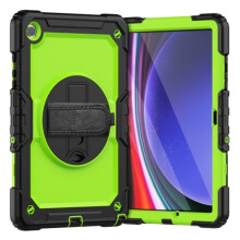 Capa de silicone + PC compatível com Samsung Galaxy Tab A9+ com alça de ombro, nas cores preto e verde-amarelo.