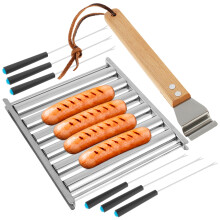 Grusce Hot Dog -rulla kahvalla, 5-paikkainen grilli 6 tikulla, ruostumattomasta teräksestä valmistettu makkarateline grillaukseen, tasainen