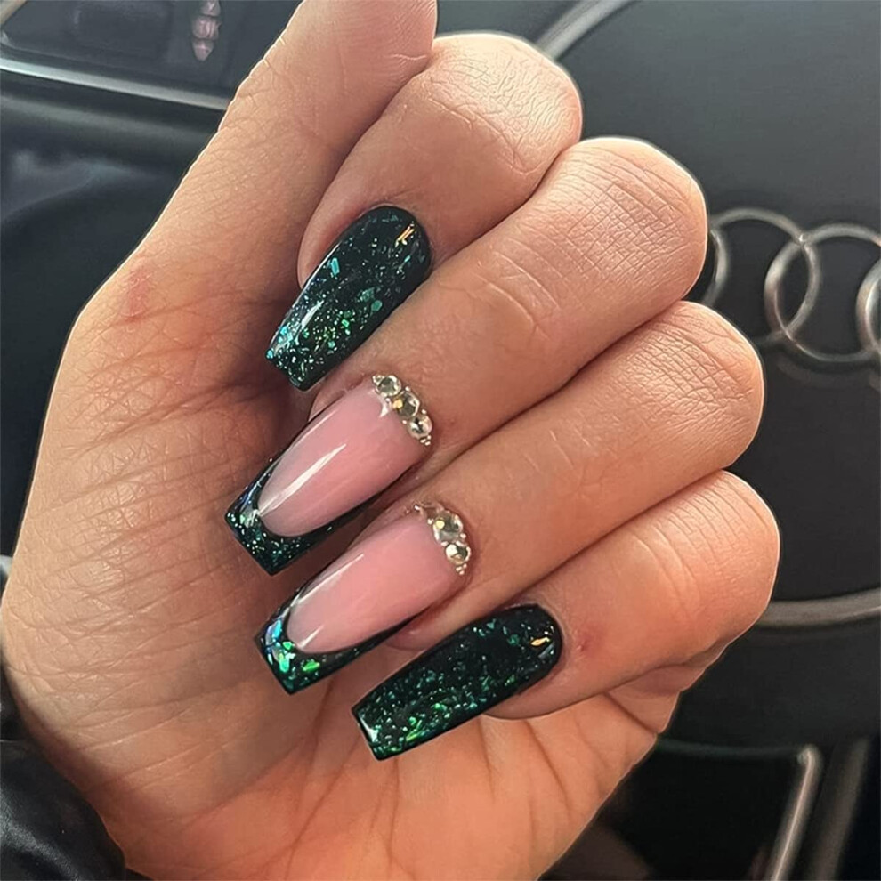 Green Press On Coffin Nails With Rhinestones Glitter, Medium Long Reusable Acrylic False Nails For Women