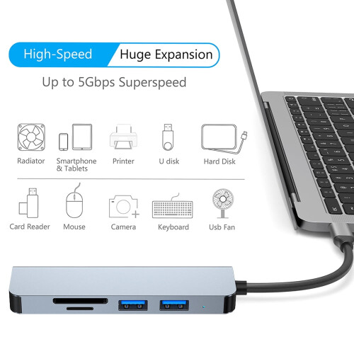 Σταθμός σύνδεσης 5 σε 1 με USB2.0/TF, λεπτό διαχωριστή USB από C σε USB3.0, συμβατό με 1
