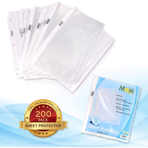200 Protetores de Folhas Transparentes e Sem Ácido, Tamanho A4 (8,5 x 11 polegadas), Reforçados, Compatíveis com Pastas de 3 Argolas Padrão, 2