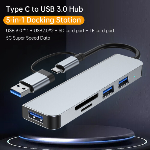 Σταθμός σύνδεσης 5 σε 1 με USB2.0/TF, λεπτό διαχωριστή USB από C σε USB3.0, συμβατό με 2