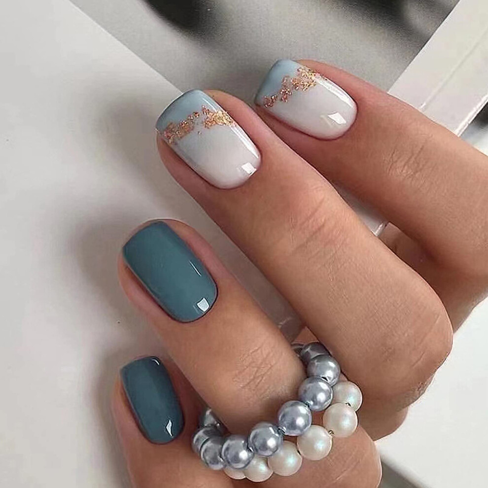 Blue,White,Gold Glossy Squoval Press On Nails White And Blue With Gold Glitter Fake Nails 24Pcs Kit For Women