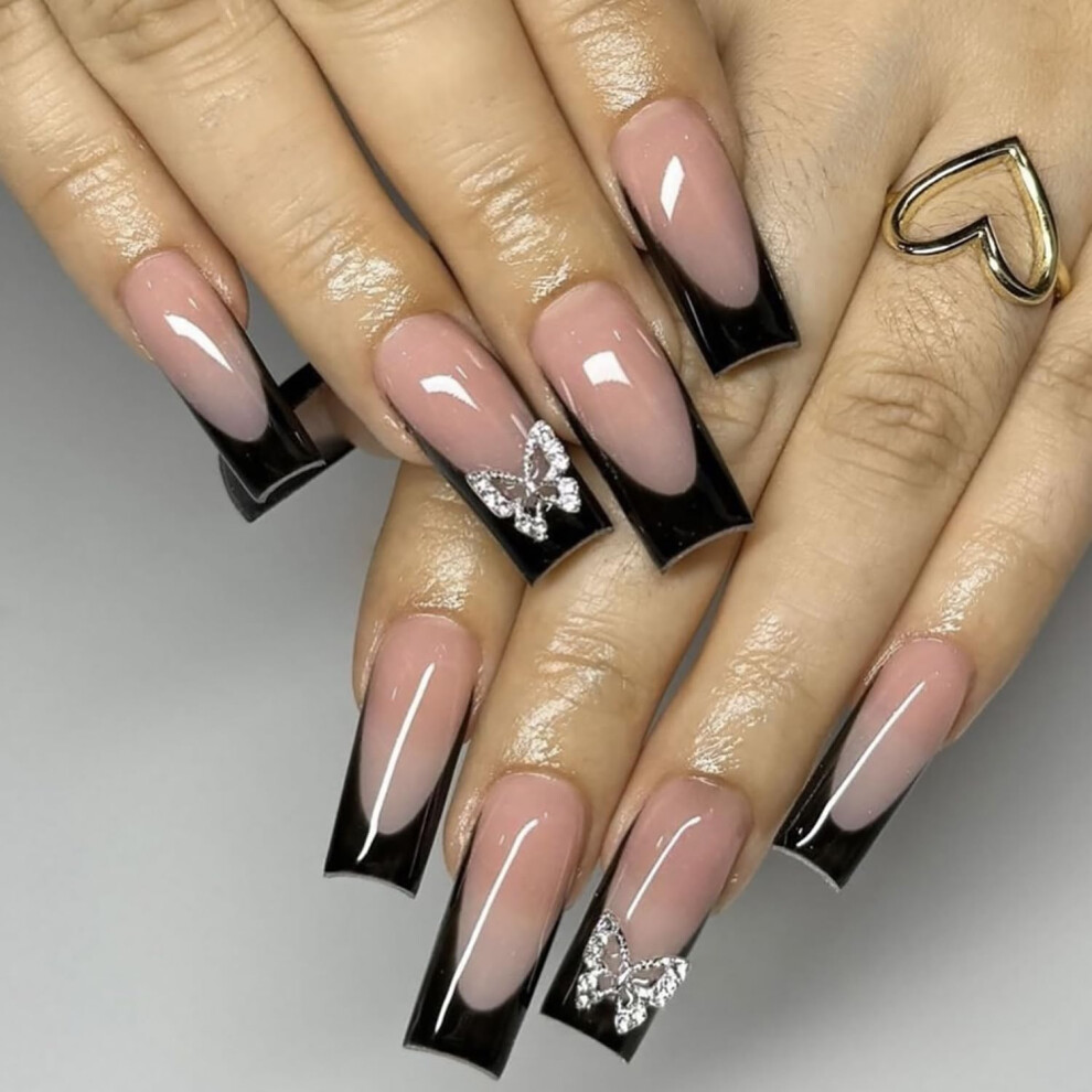 Square French Tip Press On Nails with Butterfly Rhinestones, Reusable Acrylic Fake Nails for Women