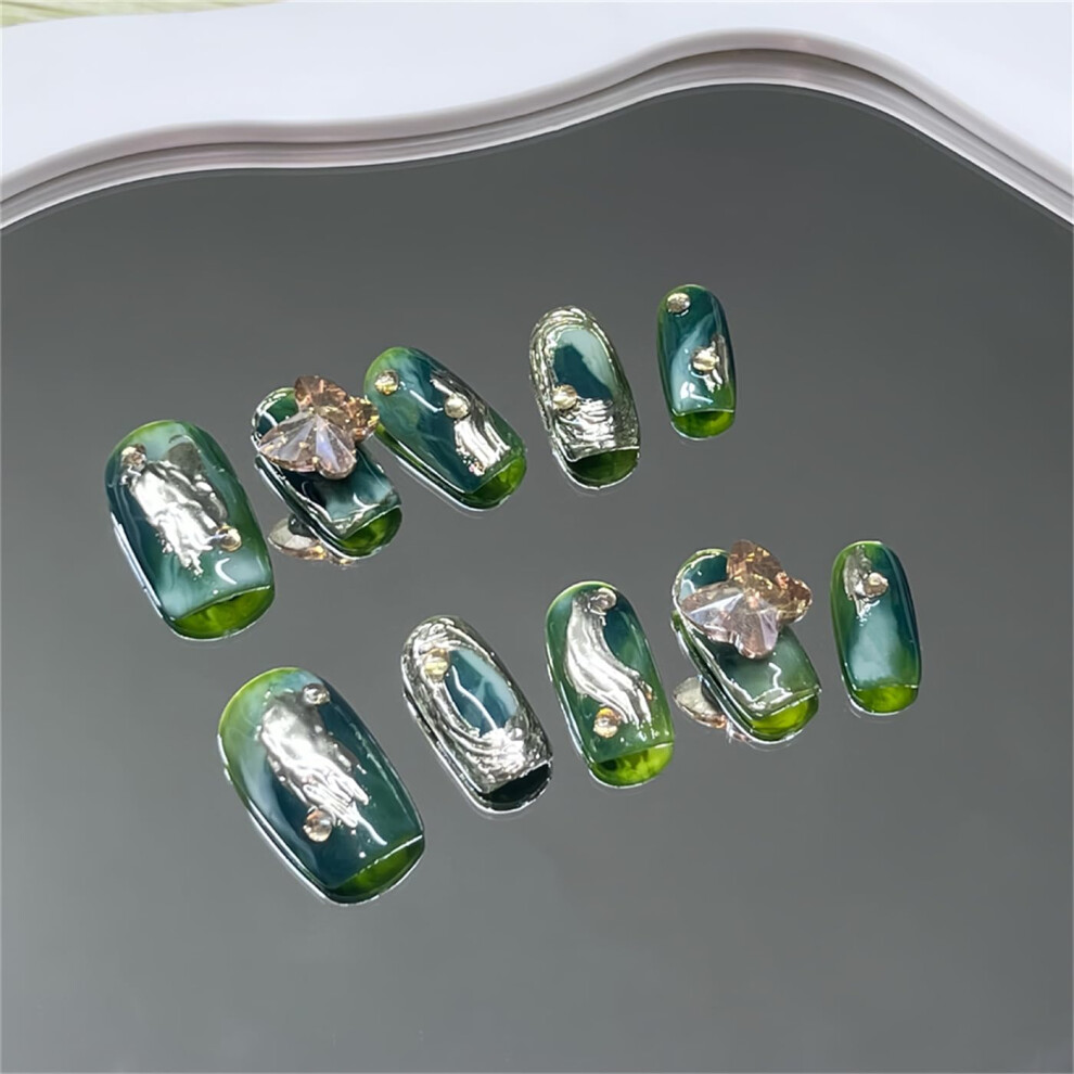 Green Square Spring Handmade Press On Nails Â Durable Full Cover Fake Nail Tips For Women, 10Pcs