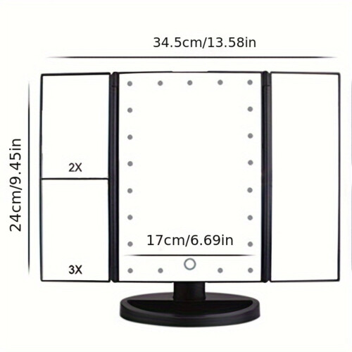CKLXNGT1pc Τριπλός καθρέφτης μακιγιάζ με φωτισμό LED, μεγέθυνση 2x/3x, πλευρικά πάνελ για