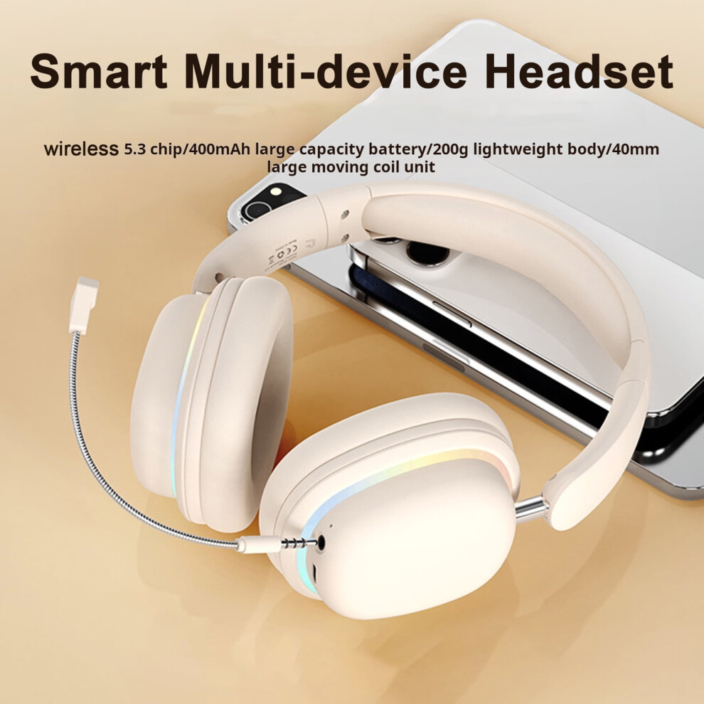 Susuchens Wireless Headphones With Rgb Lighting Lightweight Design Universal Foldable Bluetooth-Compatible Gaming Earphones With Mic Beige 9191629448531