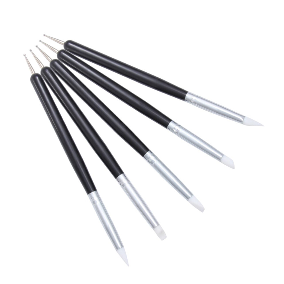 Black 5Pcs Nail Art Brush Set With Silicone Painting Pens For Precise Detail Liner And Manicure