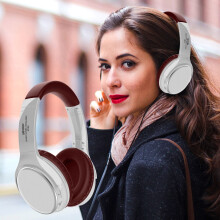 Avtoify draadloze Bluetooth-headset met ruisonderdrukking en lange batterijduur, comfortabel om te dragen, opvouwbaar, USB/AUX, zilverkleurig.