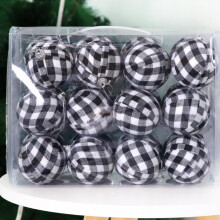 24 Pcs Christmas Ball Ornaments, Buffalo Plaid Fabric Xmas Tree Hanging Decor, 2.75" Dia, Black & White