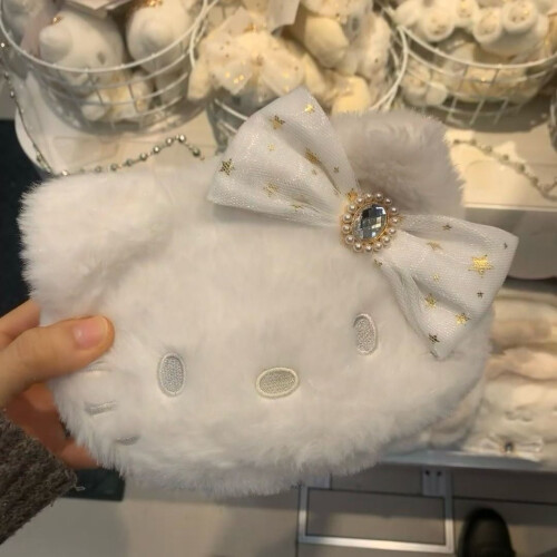 Ιαπωνική λευκή τσάντα Hello Kitty με κινούμενα σχέδια, βελούδινη τσάντα αποθήκευσης