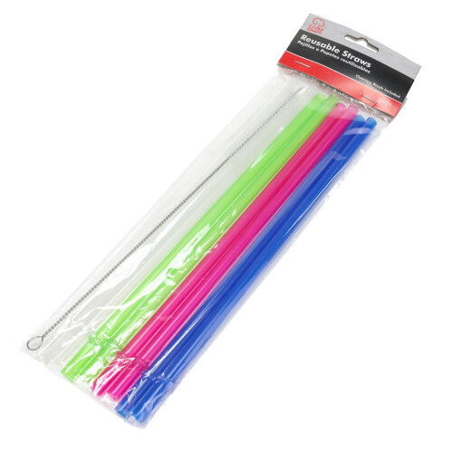 Conjunto de 8 canudos reutilizáveis de plástico rígido Chef Craft Select com escova, 26 cm (10,25 polegadas), multicoloridos. 1
