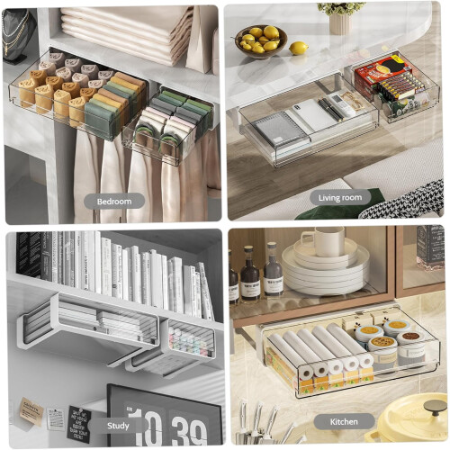 Under Cabinet Pull Out Drawer Organizer Clear Plastic Adhesive Shelf Storage for Kitchen Pantry Desk Accessories 2