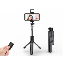 Selfie Stick Tripod with Remote, Extendable Selfie Stick Tripod with LED Light, Detachable Remote, Black