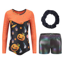 Crowdstage Gymnastiktrikot til piger Langærmet Halloween Græskar Sæt med 3 stk. Ét stykke danseoutfit + shorts + pandebånd