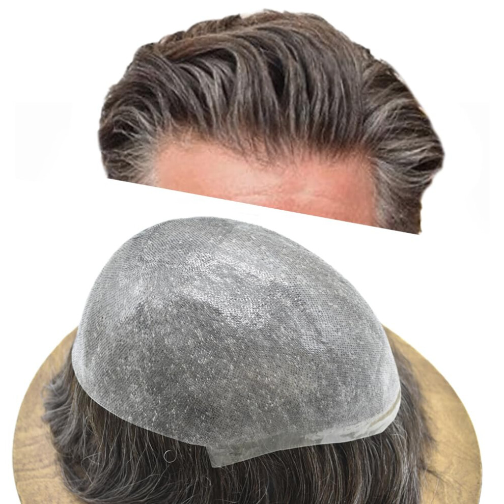 Unisex Brown,Grey Mens Human Hair Toupee Thin Poly Skin Base 8X10 Natural Hairline Darkest Brown 50% Grey