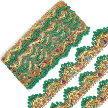 9.3Yd1.3" Maisiúchán Lása Coirníní Seicíní Miotalacha, Imeall Veinéise Glitter Óir Glas, Fringe Bróidnithe Mogaill le haghaidh Fuála,