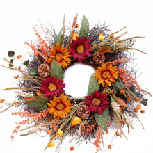 Ghirlanda di girasoli da 60 cm per l'autunno - Floreale rosso-arancio con foglie verdi e pigne, adatta per decorare porte d'ingresso, finestre e