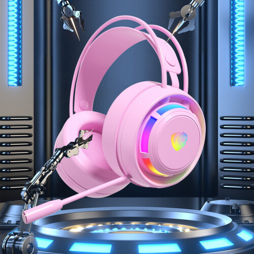 Cuffie con filo - Cuffie da gioco cablate a doppio canale per computer desktop, notebook e cuffie con microfono (rosa) 2
