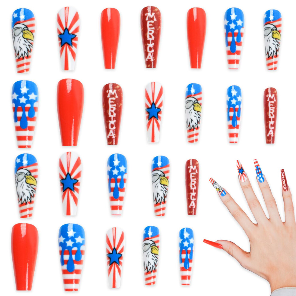 Blue,White,Red 24Pcs Fourth Of July Press On Nails Red White Blue Coffin Acrylic Fake Nails Independence Day Set