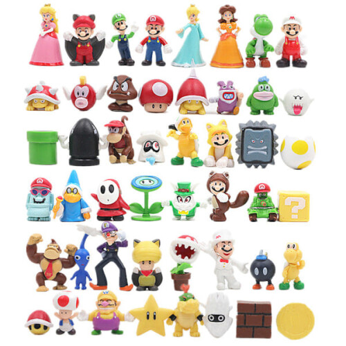 Ensemble de 48 figurines Super Mario : Luigi, Yoshi, Bowser, Wario, Peach, Toad et Daisy.