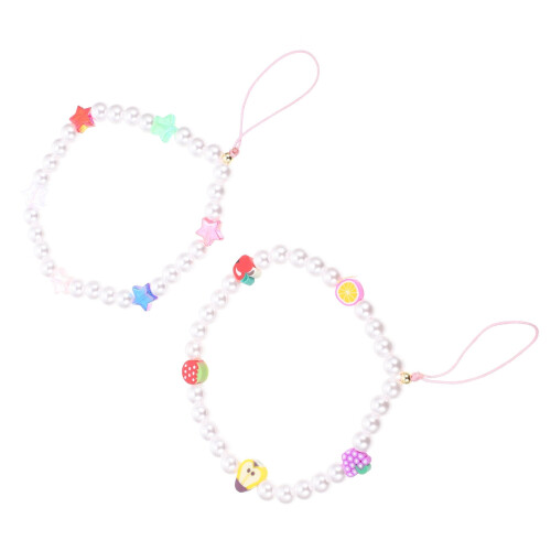 Pulseira de Pérolas: 2 peças com pingente de fruta para celular, acessório para mochila, câmera e bolsa.