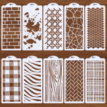 10Pcs Mixed Media Art Texture Stencils, Plastic Reusable Brick Splash Stripe Template for Painting on Wood, Wall, Furniture, Cake Decor