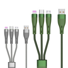 Cabo de carregamento múltiplo 3 em 1, revestido em nylon trançado, compatível com a maioria dos celulares Type-C, Micro-USB e IP.