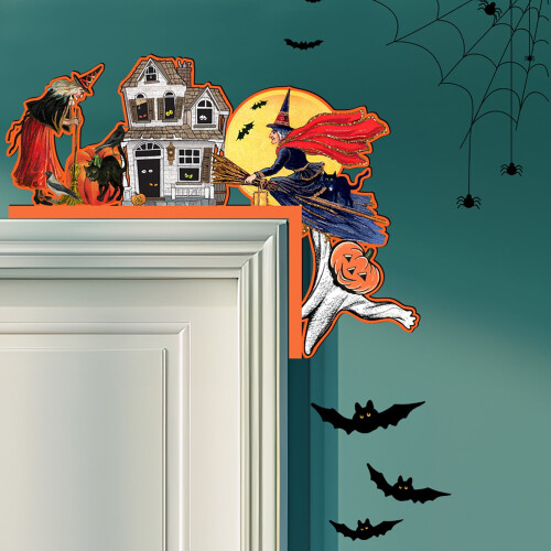 Πινακίδα Wadada για την πόρτα Halloween, μάγισσα σε σκούπα και κολοκύθα, ξύλινη 2