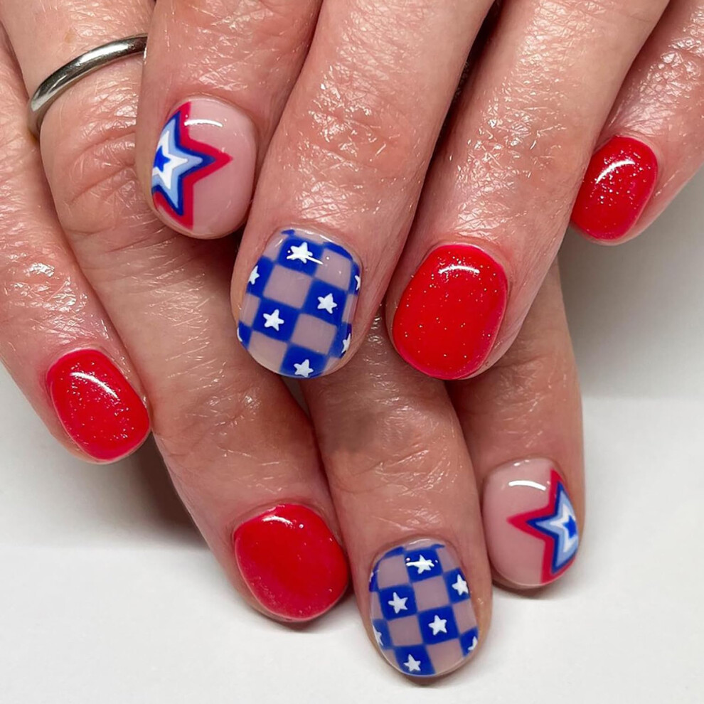 Blue,Red 24Pcs 4Th Of July Press On Nails With Glue, Red Blue American Flag Oval Patriotic False Nails
