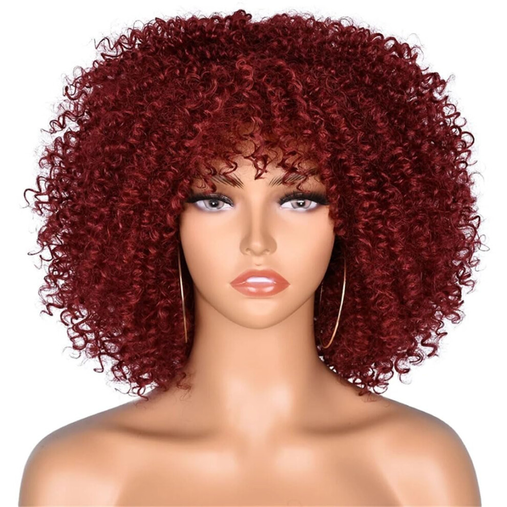 Unisex Short Kinky Curly Afro Synthetic Wig With Bangs For Women 10' Heat Resistant Cosplay Hair