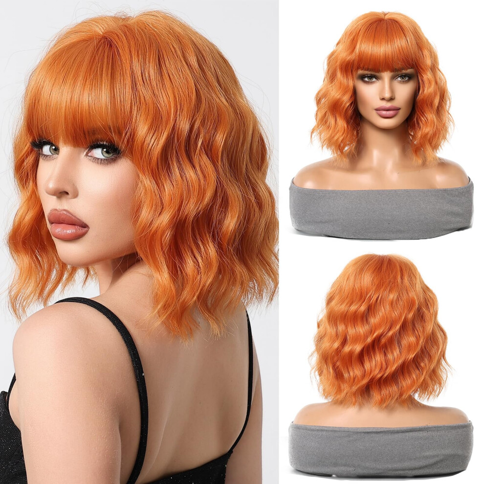 Ginger Orange Shoulder Length Bob Wig with Fringe, Heat Resistant Synthetic Cosplay Wig for Women