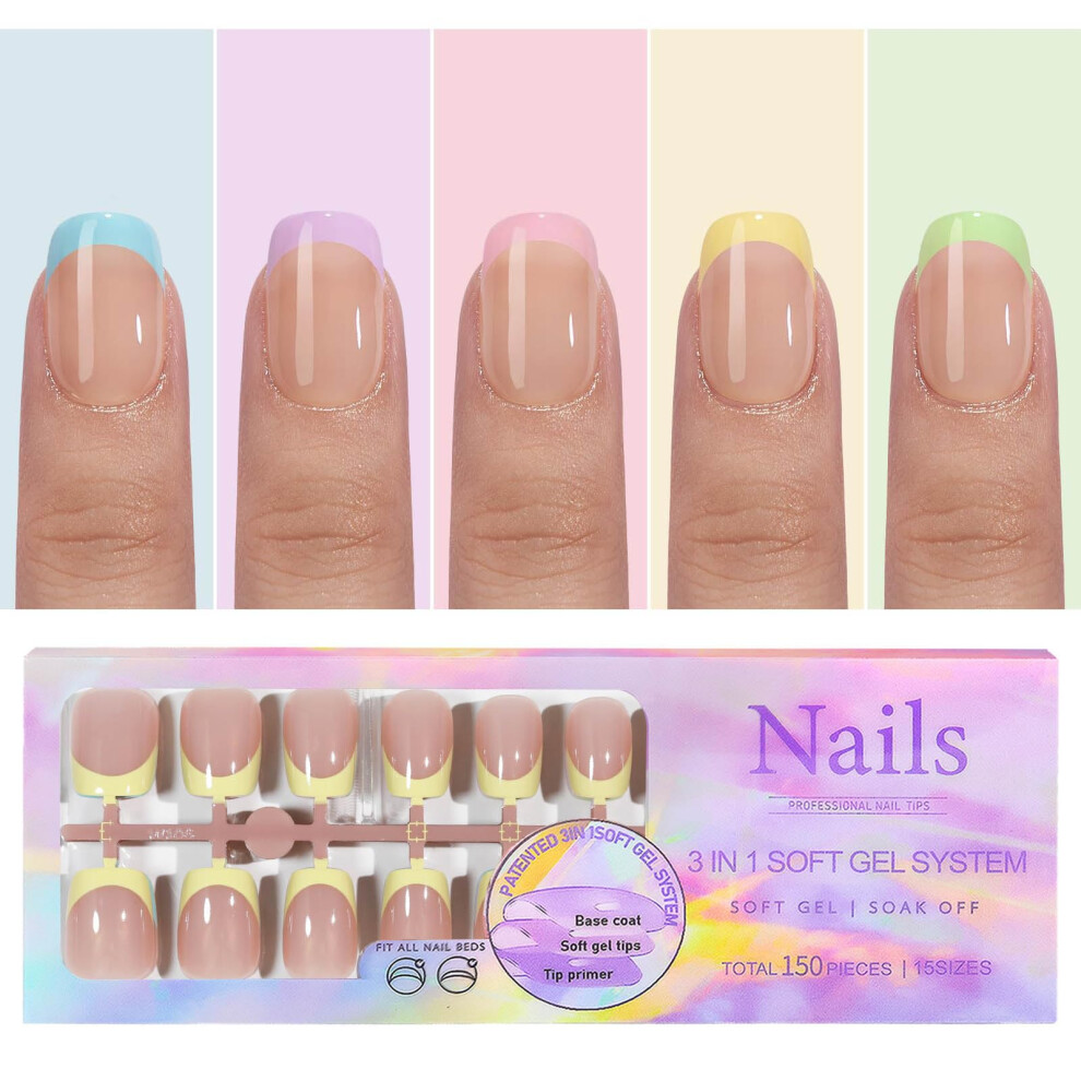 Press On Nails 150pcs Pastel French Tip Gel Nail Tips Short Round Square Salon Quality 15 Sizes
