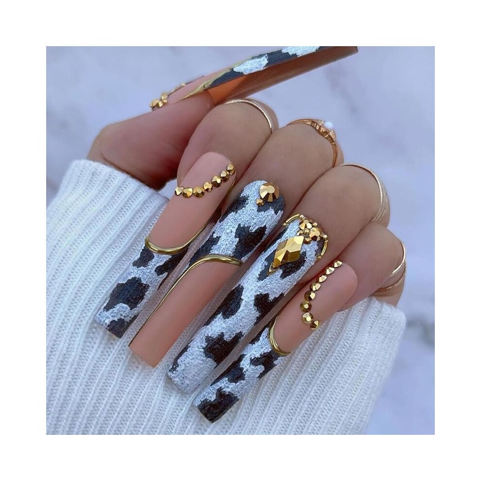 Gold 24Pcs Cow Print Press On Nails Extra Long Square Fake Nails With Accents Instant Salon Look