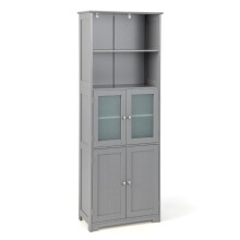 163 cm hoher Badezimmerschrank freistehender Vorratsschrank mit Glastüren & verstellbaren Regalen Grau