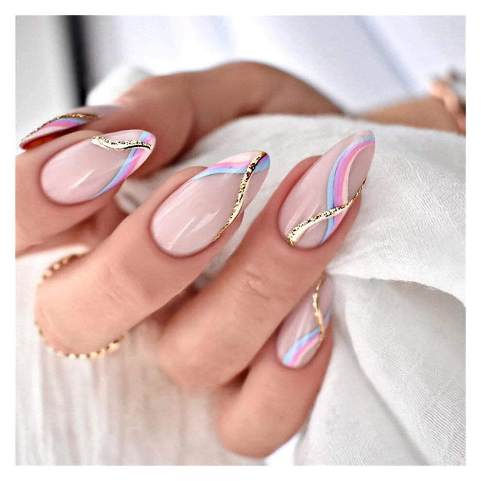 Black 24Pc Stiletto French Press On Nails With Rhinestones Edge Almond False Nail Tips