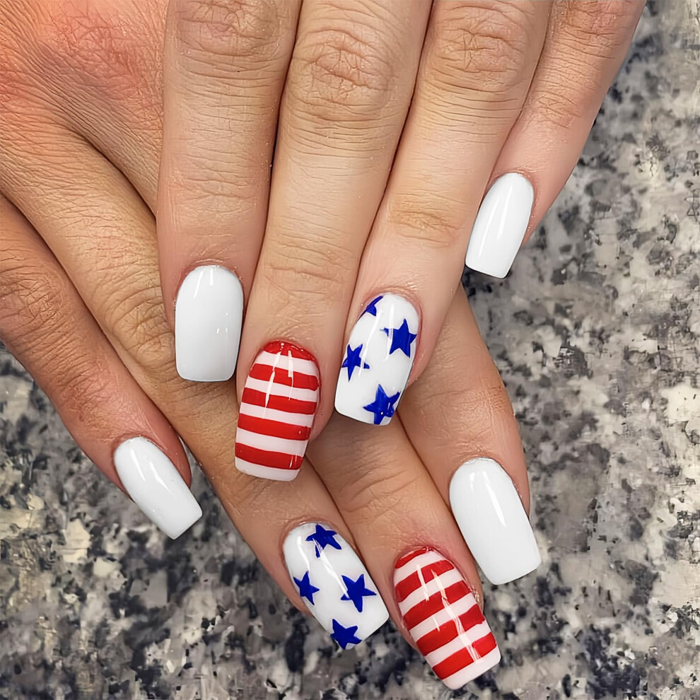 Independence Day Patriotic Press On Nails Set with American Flag Design, 24pcs 12 Sizes Kit