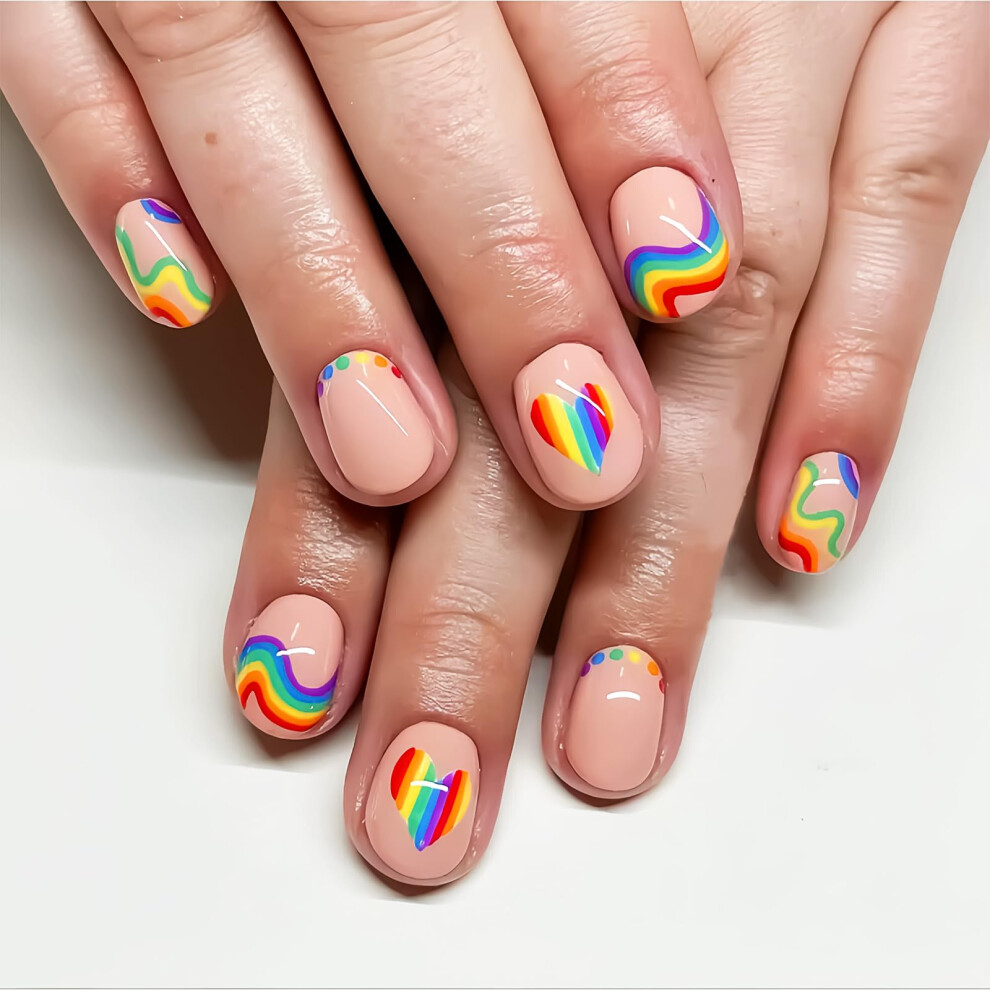 Rainbow Press On Nails Short Almond with Heart Stripes LGBT Pride Fake Nails 24PCS