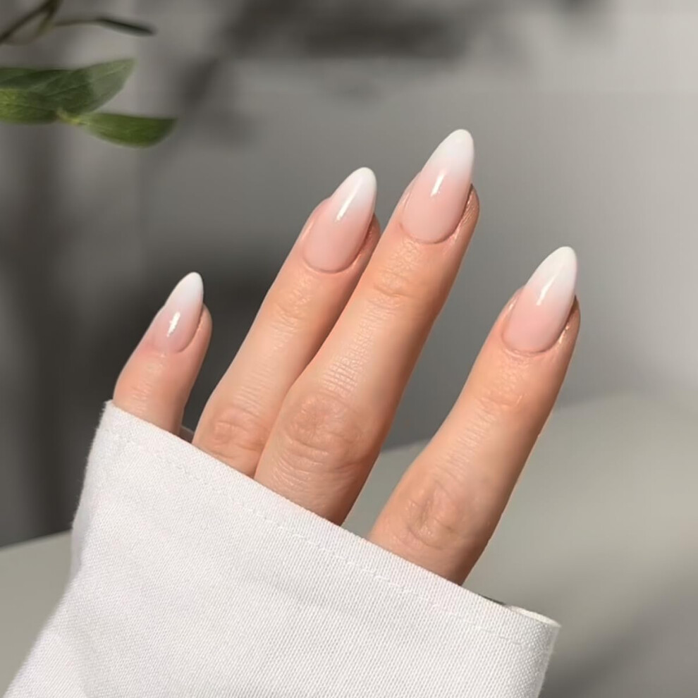 White Reusable Medium Almond Press On Nails Set With Milky Gradient Glossy Gel Finish 24Pcs