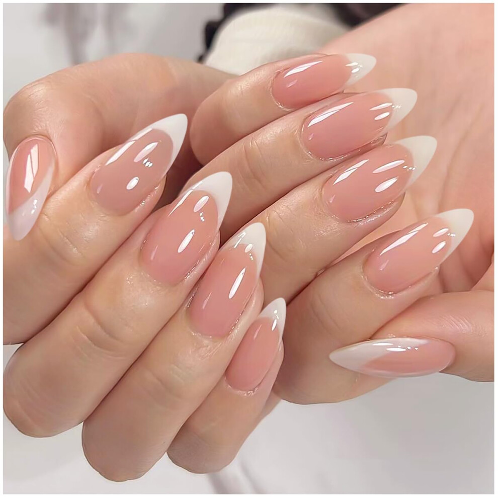 White French Almond Press On Nails, Medium Glossy Gel Fake Nails With Glue, 24Pcs Salon Quality