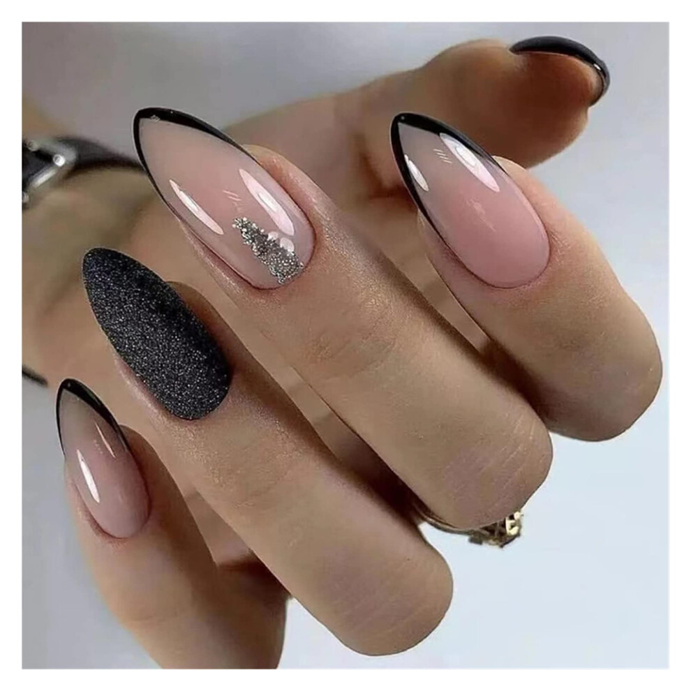24Pc Stiletto French Press On Nails with Rhinestone Black Edge Almond Full Cover Longlasting Gloss Finish